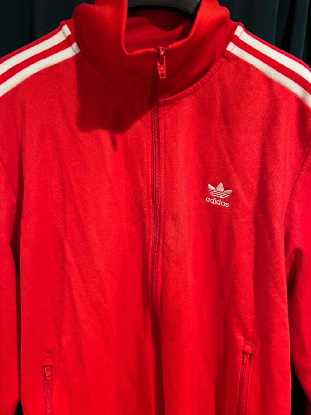 ADIDAS CHERRY RED AND WHITE 3 STRIPE LOGO TRACK DOUBLE ZIP JACKET XL EUC SPORTY